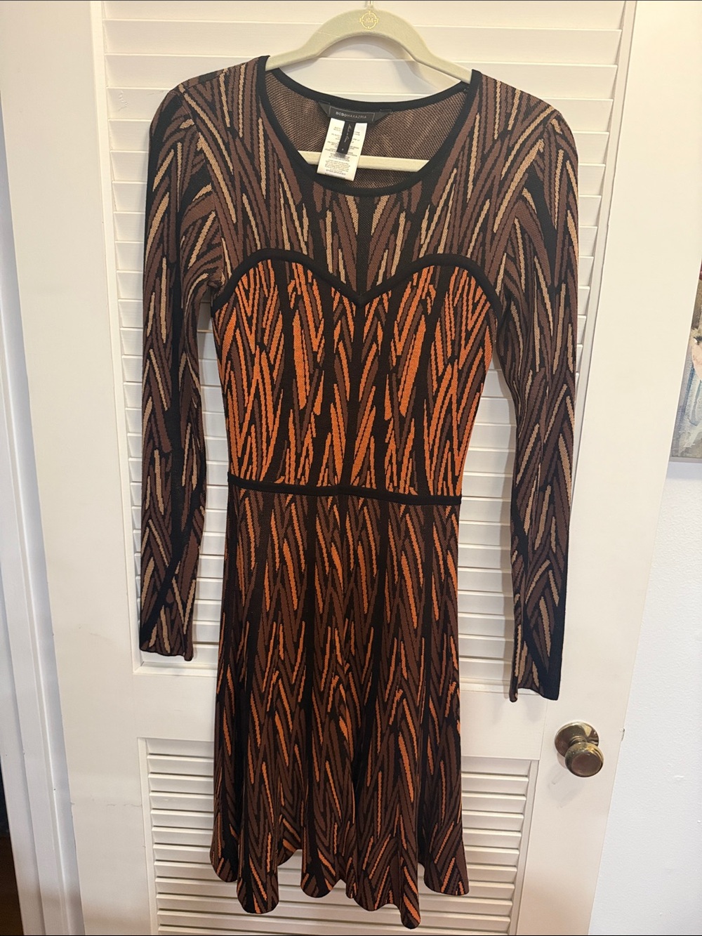 BCBGMaxAzria Long-Sleeve Orange and Brown Patterned Fit-and-Flare Dress